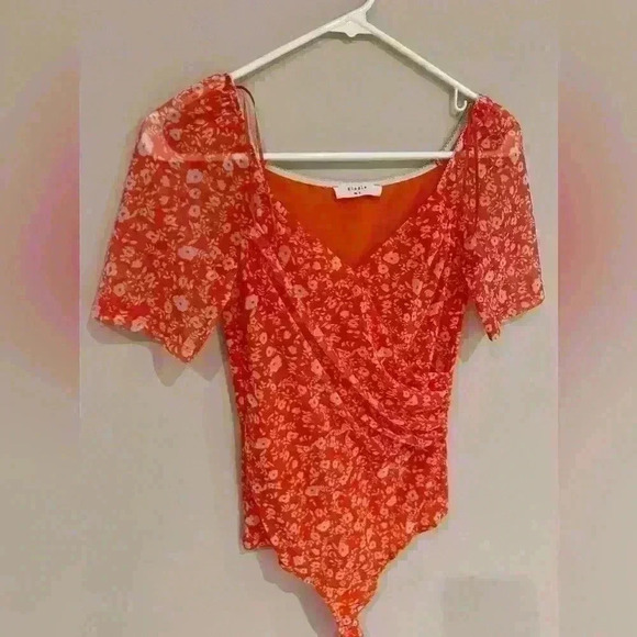 ELODIE Women's Mesh Short Sleeve Bodysuit Cross Front Fitted Top S - Picture 6 of 12